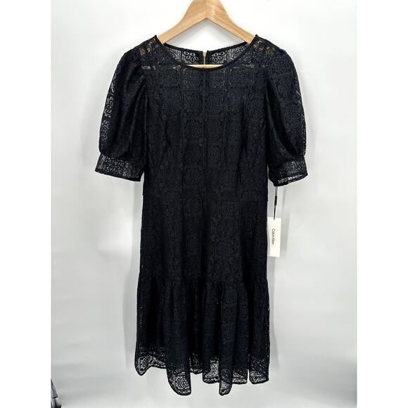 CALVIN KLEIN NWT Black Puff Sleeve Tiered Hem Lace  Dress // 8 - Picture 3 of 14
